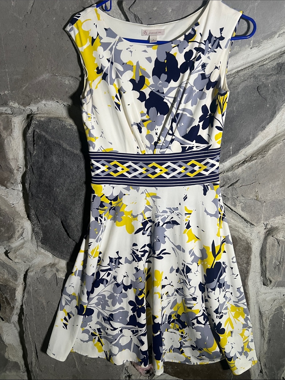 Floral Fit-and-Flare Dress in White, Navy & Yellow